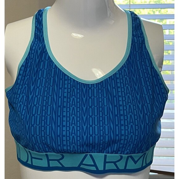 Under Armour Sports Bra Racerback Wireless Compression Heatgear Spellout Blue XL - Picture 2 of 4